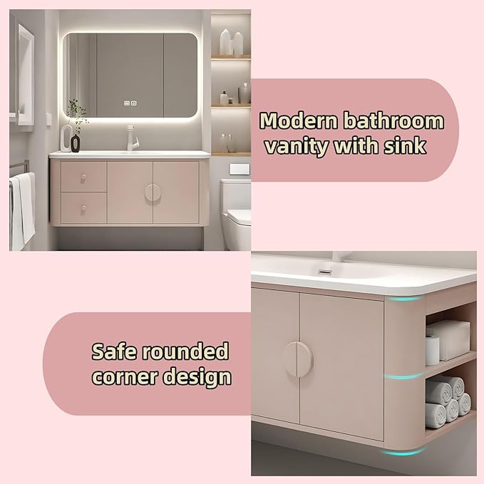 52IN Pink Modern Bathroom Vanity - Bathroom Vanities Set with 2 Drawers Wall Mounted | Rounded Corner Smart Defogging Mirror Cabinet with Lighting & Time Display, Side Opening Storage Shelf (Style B)