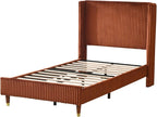 PINJU Twin Size Bed Frame, Upholstered Platform Bed with Modern Vertical Striped Wingback Headboard with Wooden Slats, Easy to Assemble No Noise Free (OCHER, Twin)