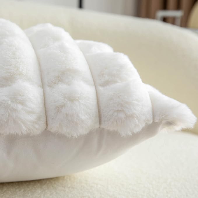 Neelvin Cream White Faux Fur Cozy Soft Plaid Decorative Throw Pillow Covers 22x22 inch Set of 2,Velvet Pillowcase Cushion Case for Sofa Couch