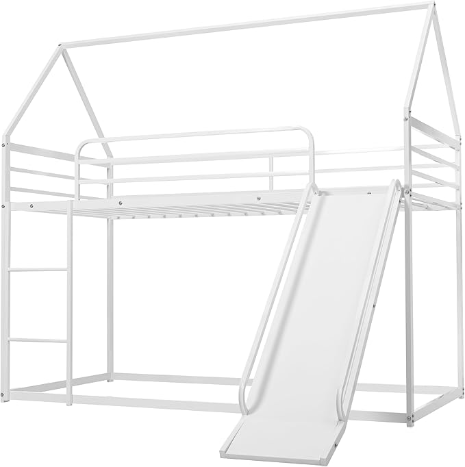 Bunk Bed with Slide for Kids,Bunk Bed Twin Over Twin, Metal Junior House Low Bunk Bed, Toddler Floor Bunk Beds Frame with Guardrail for Kids, Convertible Slide and Ladder Noise Free(New White)
