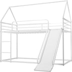 Bunk Bed with Slide for Kids,Bunk Bed Twin Over Twin, Metal Junior House Low Bunk Bed, Toddler Floor Bunk Beds Frame with Guardrail for Kids, Convertible Slide and Ladder Noise Free(New White)