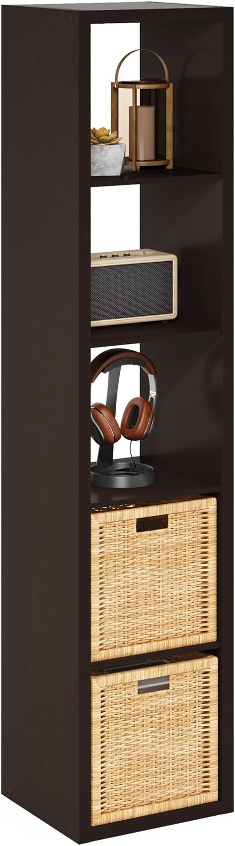 Furinno CUBICLE Book Shelf, 5-Cube Vertical Thick Frame Bookshelf, Horizontally & Vertically Reversible Bookcase with Open Back, 14.6 x 15.9 x 72, for Living Room, Bedroom, Home Office, Black Dark Oak