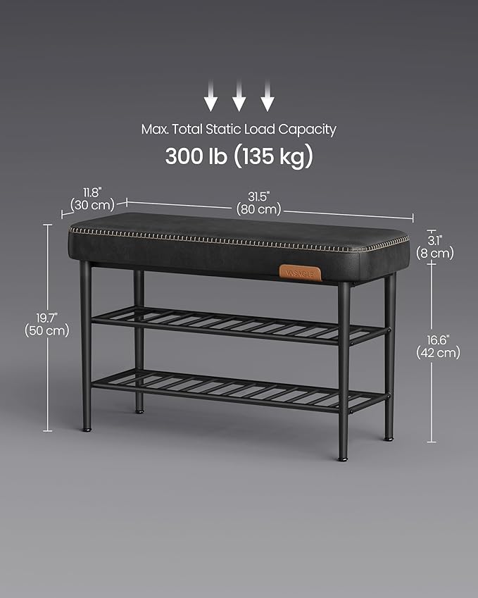 VASAGLE EKHO Collection - Shoe Rack Bench, Storage Bench for Entryway, Synthetic Leather with Stitching, Mid-Century Modern, Loads 300 lb, 11.8 x 31.5 x 19.7 Inches, Ink Black ULSB054B01