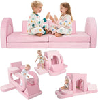 12 Pcs Modular Kids Play Couch, Toddler Couches That Fold Out, Plush Foam Chair for Children’s Playroom, Velvet Fabric Convertible Foam and Floor Cushion for Boys and Girls (Pink,07)