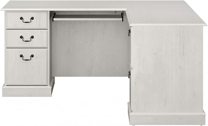 Bush Furniture Saratoga L Shaped Computer Desk with Drawers and Storage in Linen White Oak | Large Corner Office Table for Workspace