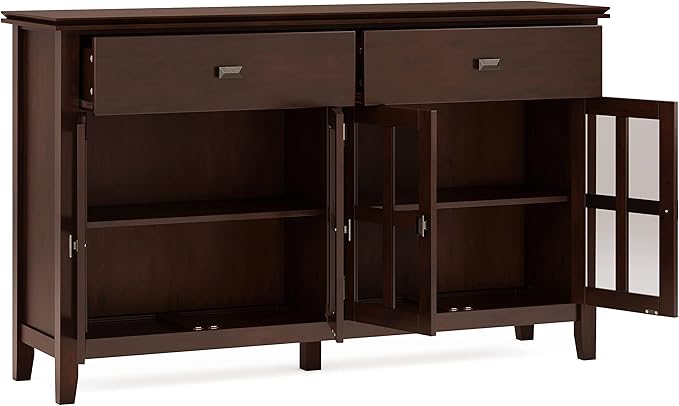 SIMPLIHOME Artisan Buffet - 60 inch Wide Solid Wood 4-Door Sideboard Buffet in Russet Brown, Transitional Storage Cabinet for Dining Room or Kitchen with Adjustable Shelves and Square Knobs