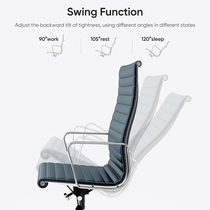 Ribbed Office Chair with Top Grain Leather - High Back Ergonomic Desk Chair with Aluminum Arm Rest and 5-Star Base, Swivel Chair Dark Blue