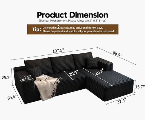 107.5" Cloud Modular Sectional Sofa Couch with L-Shape Chaise,Modern Minimalist Upholstered Couches for Living Room Bedroom,Deep Seat Corner Couch，No Assembly Required (Black,Right Facing Chaise)