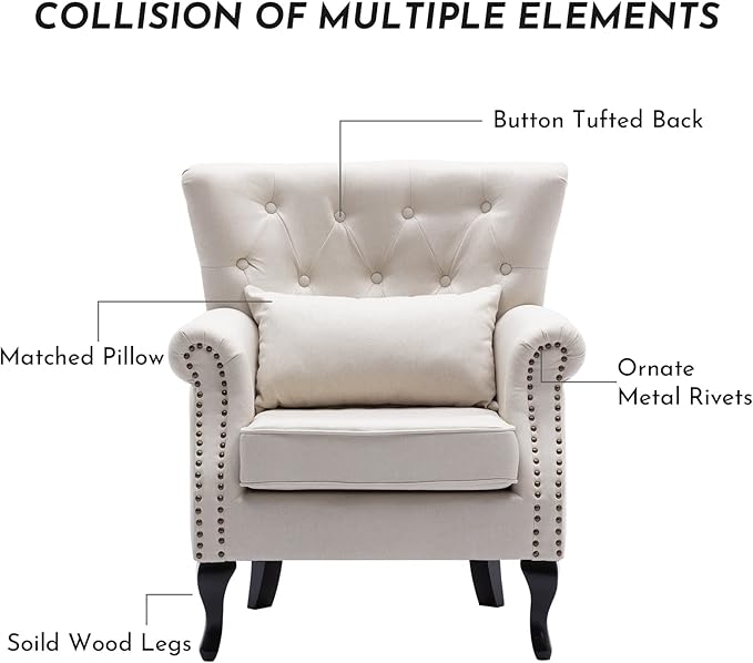 Accent Reading Arm Chairs Set of 2 for Living Room Bedroom, Midcentury Modern Comfy Corner Sofa Chair, Wingback Waiting Room Club Chair with Button Tufted Back &Lumbar Pillow, Linen Beige