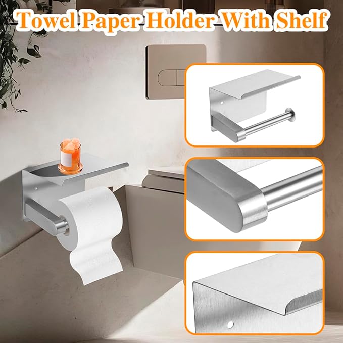 Brushed Silver 16-Piece Bathroom Hardware Set Stainless Steel, 24in and 16in Towel Bars Set Wall Mounted Bathroom Accessories