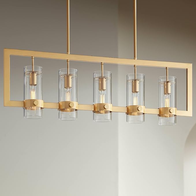Possini Euro Design Camden Brass Island Linear Pendant Chandelier 42" Wide Modern Open Rectangle Frame Clear Glass Tube Shades 5-Light Fixture for Dining Room House Foyer Kitchen Entryway Bedroom
