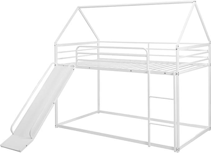 Bunk Bed with Slide for Kids,Bunk Bed Twin Over Twin, Metal Junior House Low Bunk Bed, Toddler Floor Bunk Beds Frame with Guardrail for Kids, Convertible Slide and Ladder Noise Free(New White)