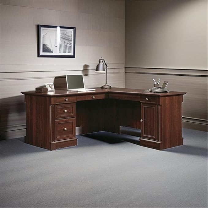 BOWERY HILL Classic Style L-Shaped Office Computer Desk in Cherry with File Drawer, CPU Tower,