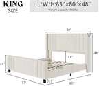 AMERLIFE King Size Bed Frame, Velvet Upholstered Platform Bed with Vertical Channel Tufted Headboard & Footboard/Wingback, Mattress Foundation with Wood Slats, No Box Spring Needed, Cream