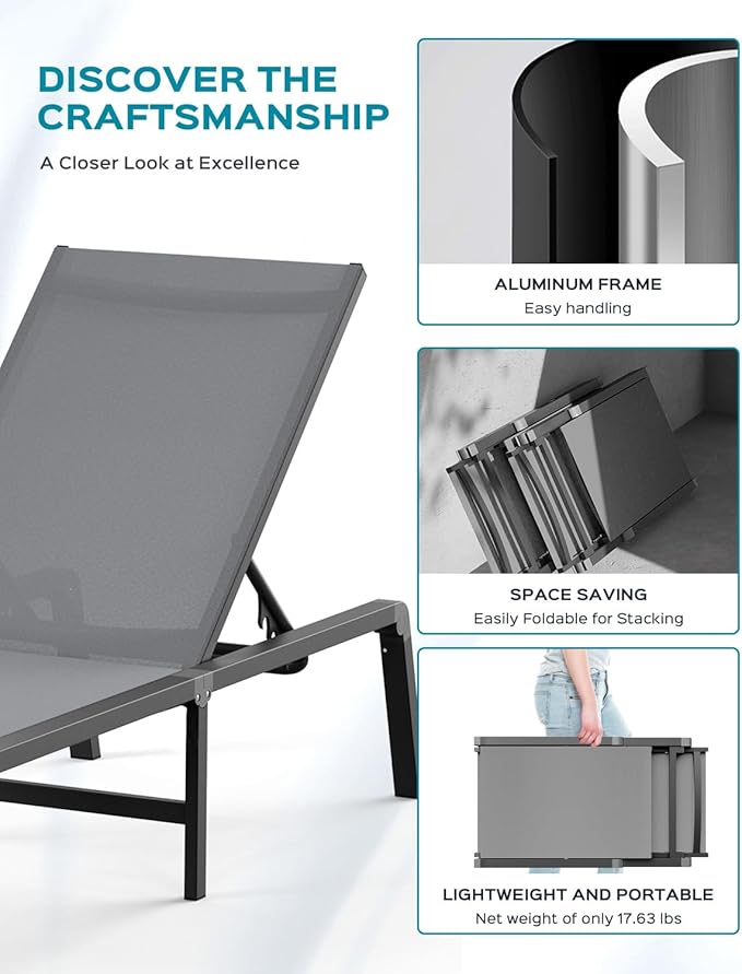Ciokea Patio Chaise Lounge Chair, Foldable Lounge Chair for Outside, Aluminum Chairs Set of 2 with 5 Adjustable Backrest, Outdoor Pool Lounger for Poolside, Lawn, Deck, Grey