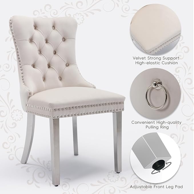 Velvet Upholstered Dining Chairs Set of 8, Modern Style Kitchen Side Chairs with Nailhead Trim and Silver Plated Leg, Metal Pulling Ring for Dining Room Living Room(Creamy White)