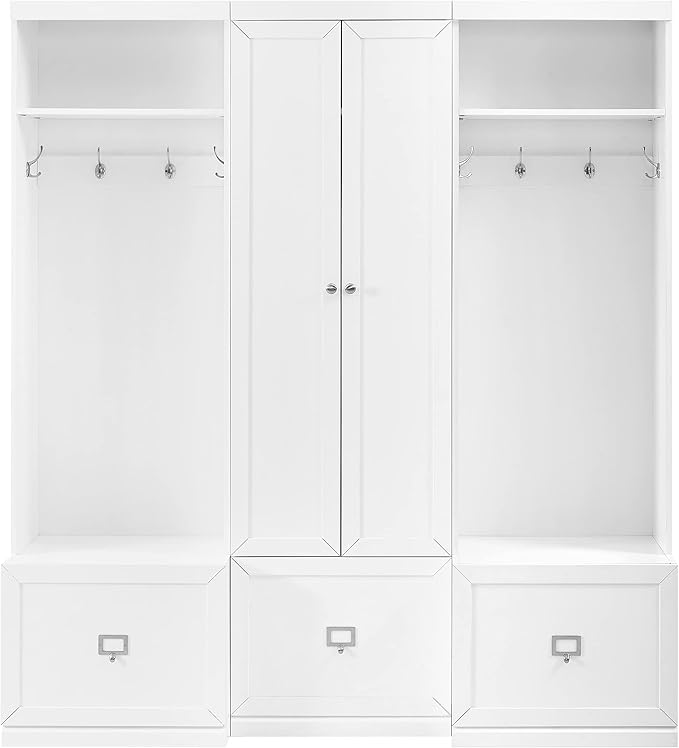 Crosley Furniture Harper 3-Piece Hall Tree and Storage Cabinet Set with Entryway Bench and Hooks for Hanging, White