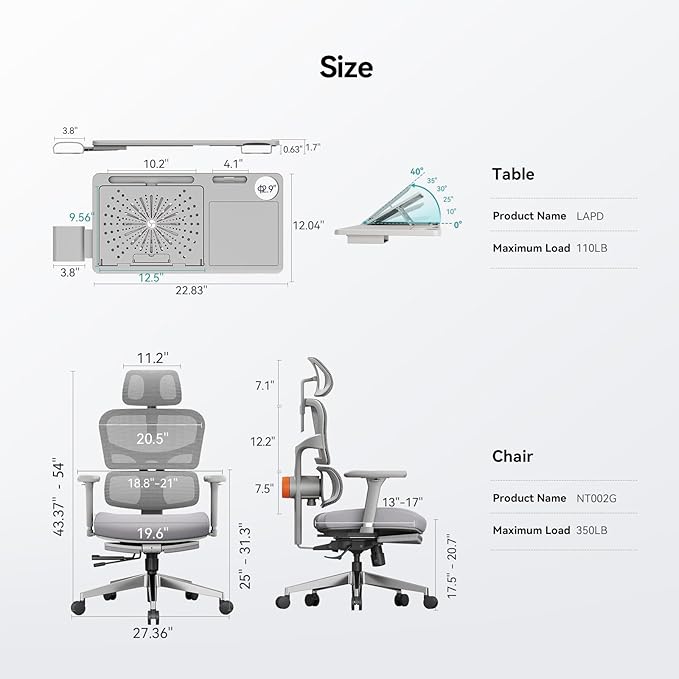 Newtral Ergonomic Mesh Office Chair with Footrest,Laptop Desk, Adaptive Lumbar Support, High Back Desk Computer Chair with Soft 4D Armrest,Adjustable Headrest,136°Tilt Function for Home & Office