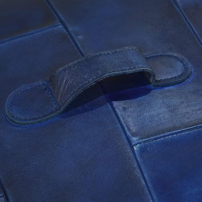 Handmade Eco-Friendly Geometric Leather Pouf Vintage Blue Color Square 14" x 14" x 14" Buffalo Leather Pouf for Living Room, Bedroom Seating, Patio