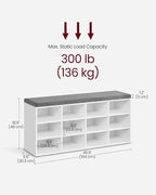 VASAGLE CUSTOS Collection - Shoe Bench, Storage Bench with Padded Seat, Entryway Bench with 12 Compartments, for Bedroom, 11.9 x 40.9 x 18.9 Inches, Cloud White and Slate Gray ULHS012W14