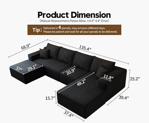 135.4" Cloud Sectional Couch with 1 Ottoman,Modern Modular Sofa with Deep Seat, Comfort U Shaped Sofa Couches for Living Room Bedroom Apartments,No Assembly Required, (Black,Right Facing Chaise)