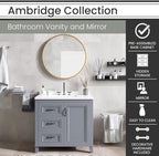 Hanover Ambridge 36'' Vanity Cabinet with Sink Combo for Bathroom, Powder Room | Pre-Assembled Cabinet | 1 Door, 3 Drawers | Artificial Stone Countertop, Gray Cabinet