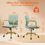 CLATINA Leather Home Office Desk Chairs, Swivel Mid-Back Computer Chair with Golden Legs and Arms, Comfy Upholstered Task Chair with Wheels, Green
