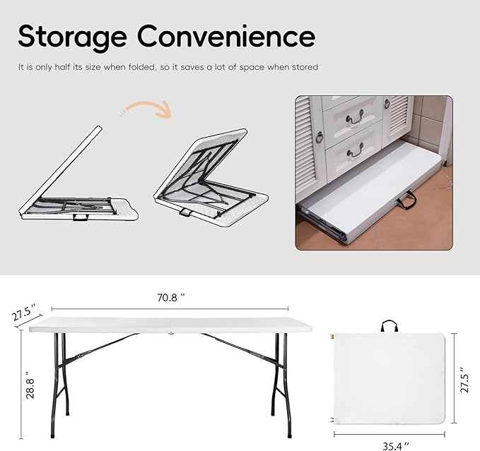 Folding Table 6FT HDPE 6 Foot Foldable Table Portable Banquet Surface Fold-in-Half Desk Utility for Working Meeting Parties, Picnic, Camping, Weddings, Catering, Garden Dining-White