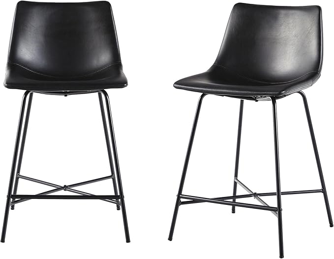 Walker Edison Xuma Modern Faux Leather Armless Low Back Counter Stool, Set of 2, Black