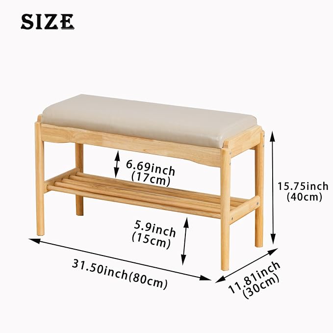 latifolia Small Shoe Bench, Solid Wood Bench with Cushion, 2 Tier Shoe Storage Organizer for Entryway(Nature,31.50''L)