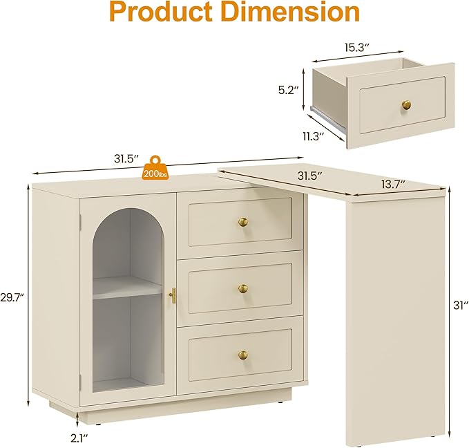 RoyalCraft L Shaped Home Office Desk, Extendable and Rotatable Desk with 3 Drawers and Door, Corner Computer Desk, Modern Study Writing Table for Bedroom, Home Office, Beige