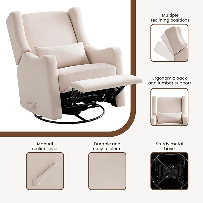 Harkawon Wingback Glider Rocking Recliner, Swivel Rocker Recliner Chair, Nursery Rocking Chair, Fabric Chair with Lumber Support, High Back, Deep Seat, for Living Room, Bedroom, Beige