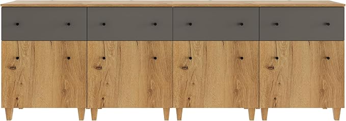 WAMPAT Set of 4 Storage Cabinets for Living Room, Modern Wood Accent Cabinets Sideboard with Drawers, Doors, and Adjustable Shelves for Dining Room, Kitchen, Entryway, Oak Brown & Dark Grey