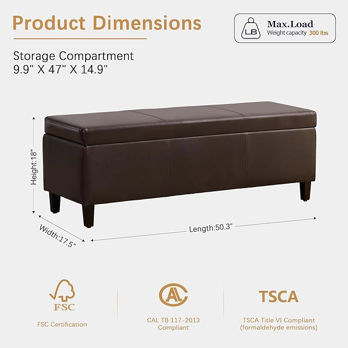 HUIMO Faux Leather Storage Ottoman Bench 50.3 Inch Extra Long PU Upholstered Bedroom Bench with Large Storage Space for The Living Room, Entryway, Bedroom Hold Up to 300lbs (Brown)