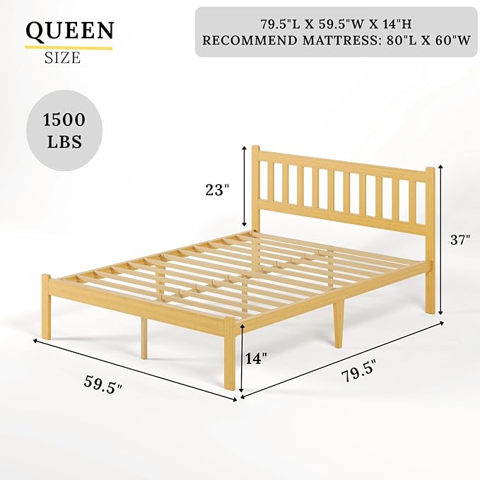 Askeld Wood Queen Bed Frame with Headboard, 14 Inch High Solid Bamboo Platform Bed No Box Spring Needed, Mid-Century Heavy Duty Bedframe, Easy Assembly, Noise Free