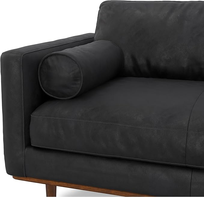 SIMPLIHOME Morrison 72-inch Wide Sofa in Lead Black Genuine Leather, Mid-Century Modern-Style Loveseat for Living Room, Single Bench Cushion, Removable Back Cushions, 2 Bolster Pillows