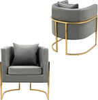 Velvet Modern Accent Chair, Upholstered Barrel Armchair Mid Century with Pillow for Living Room, Comfy Single Vanity Chair with Metal Gold Legs for Bedroom, Grey