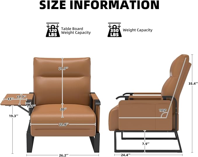 Upholstered Accent Chair, Modern Faux Leather Sofa Chair with Foldable Side Tray Table & Storage Pocket, Small Accent Sofa for Living Room, Bedroom, Reception Room, Brown