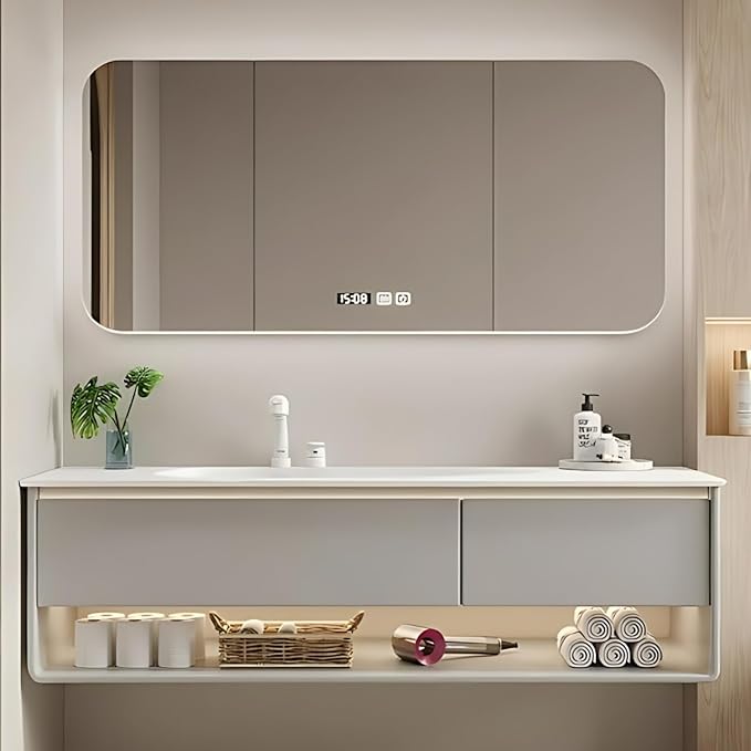 56IN Grey Bathroom Vanity Set - Floating Bathroom Vanity with Single Sink | Including LED Smart Defogging Mirror Cabinet & Time Display Function, Equipped with Motion Sensing Light Strip (Style A)