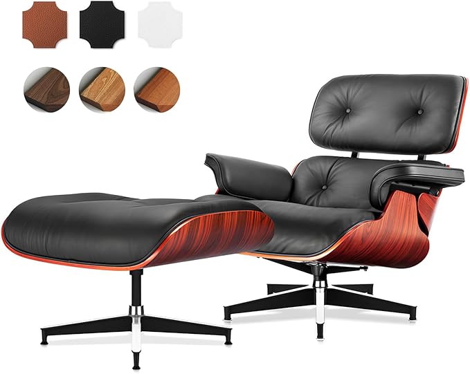 Top Black Grain Leather, Mid Century Chaise Lounge Chair and Ottoman, Modern Chair Classic Design, Heavy Duty Base Support for Living Room Study Lounge Office, Darkrosewood