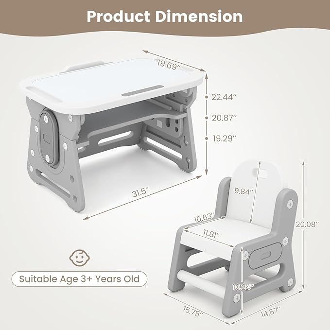 INFANS Kids Adjustable Table & Chair Set with Drawing Board for 3+, Toddler Activity Desk for Drawing with Storage Shelf, Non-Slip Pads, Watercolor Pens & Eraser, Indoor Art/Study Furniture (Grey)