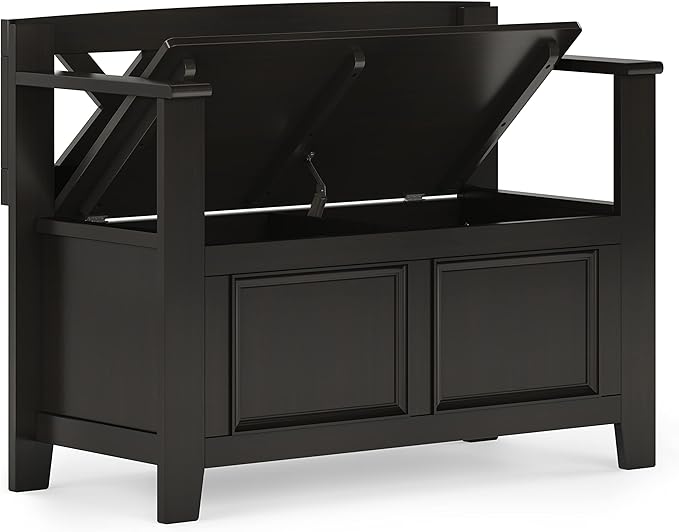 SIMPLIHOME Amherst Entryway Storage Bench - 36 inch Wide Solid Wood Small Hallway Seat in Hickory Brown, Transitional Bench for Entryway or Living Room with Lift-Up Lid and Compact Storage
