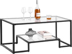 VEVOR Coffee Table, Modern Tempered Glass Coffee Table, 2 Tiers Rectangle Glass Center Desk with Open Storage, Minimalist Sturdy Metal Frame Accent End Desk for Living Room, Office, Easy Assembly