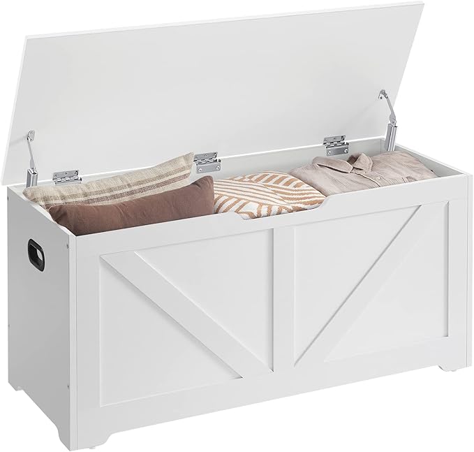 VASAGLE Storage Chest, Storage Trunk with 2 Safety Hinges, Storage Bench, Shoe Bench, Farmhouse Style, 15.7 x 39.4 x 18.1 Inches, for Entryway, Bedroom, Living Room, Cloud White ULSB060T14