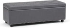 SIMPLIHOME Hamilton 48 inch Wide Transitional Rectangle Storage Ottoman in Stone Grey Vegan Faux Leather, Assembled, For the Living Room, Entryway and Family Room