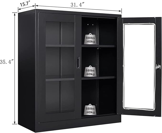 SISESOL Black Metal Storage Cabinet with Doors and Shelves,36 inch Locking Display Cabinet with Acrylic Doors,Office Cabinets with Lock,Sideboard Cabinets for Home Office,Living/Dining/Utility Room,