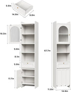Maupvit 68” Tall Slim Bathroom Storage Cabinet, Narrow Cabinet with Drawer and Fluted Glass Door, Wave-Like Panel, 3-Tier Adjustable Shelves, 14.9" Wide for Small Space, 8 Compartments, White