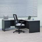 NBF Carbon L-Shaped Reversible Executive Office Work Desk - Durable Laminate Computer Desk with 4 Drawers Pedestal - Modern Desk with Storage and File Cabinet - (66" W x 78" D, Black, Gray, Maple)