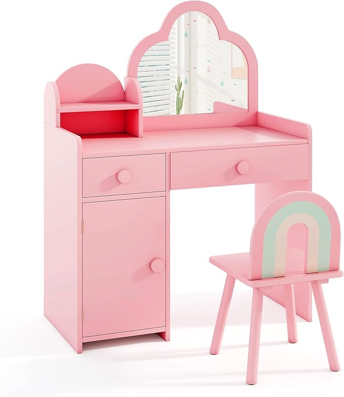 HONEY JOY Kids Vanity, Cloud Shape Wooden Girls Vanity Set with Mirror and Stool, Drawers, Storage Cabinet, Toddler Makeup Desk Dressing Table, Pretend Play Kids Vanity Table and Chair Set (Pink)