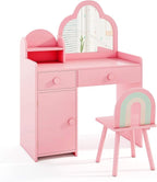 HONEY JOY Kids Vanity, Cloud Shape Wooden Girls Vanity Set with Mirror and Stool, Drawers, Storage Cabinet, Toddler Makeup Desk Dressing Table, Pretend Play Kids Vanity Table and Chair Set (Pink)